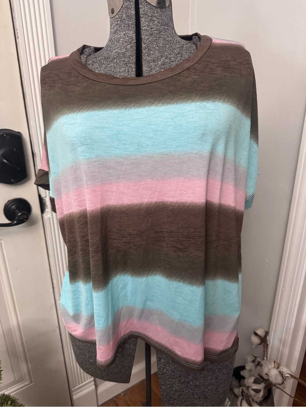 Womens Pastel Striped Short Sleeve Top - Pink, Blue & Brown Sew In Love Medium